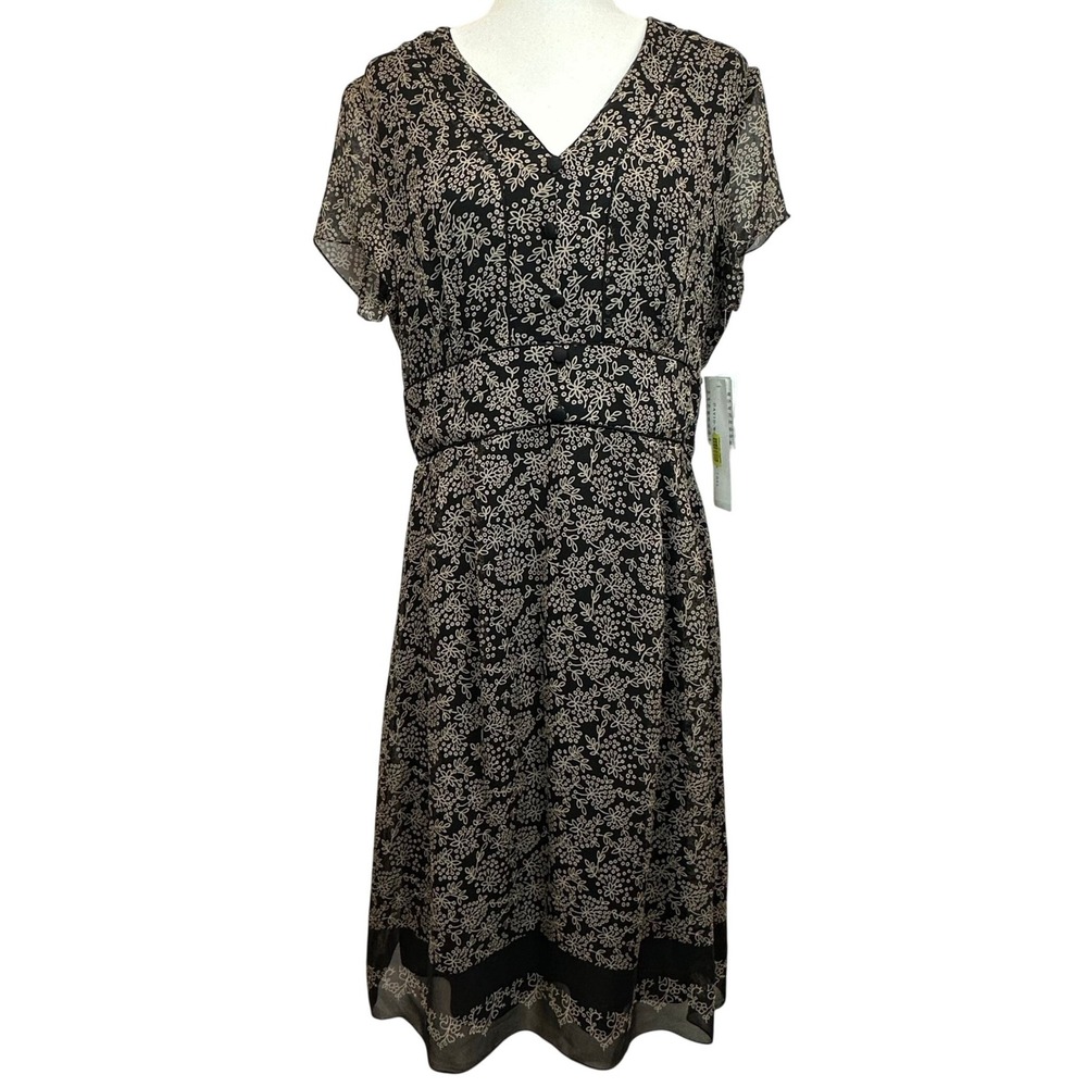 David Warren New York‎ 100% Silk Floral Midi Dress Black Cream Womens 14 NWT